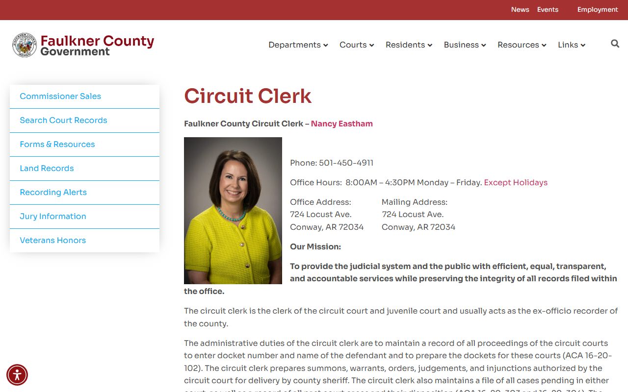Official Faulkner County Circuit Clerk website showing divorce decree records services for Conway Arkansas