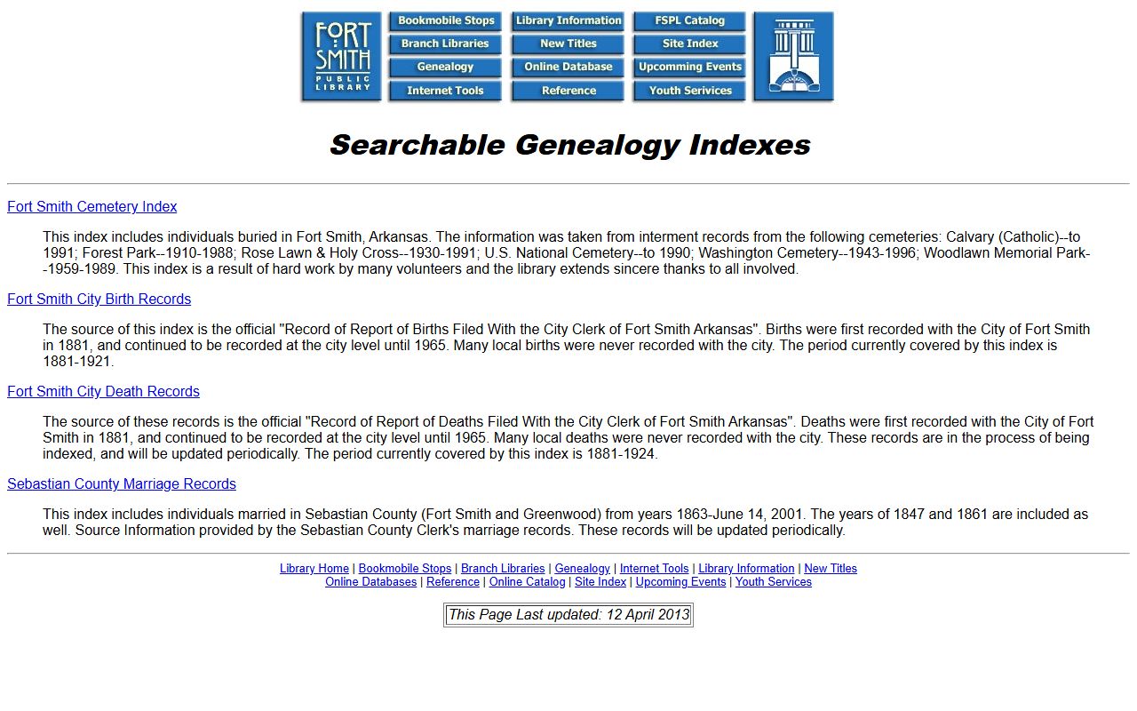 Fort Smith Public Library genealogy and local records portal for historical Sebastian County divorce research