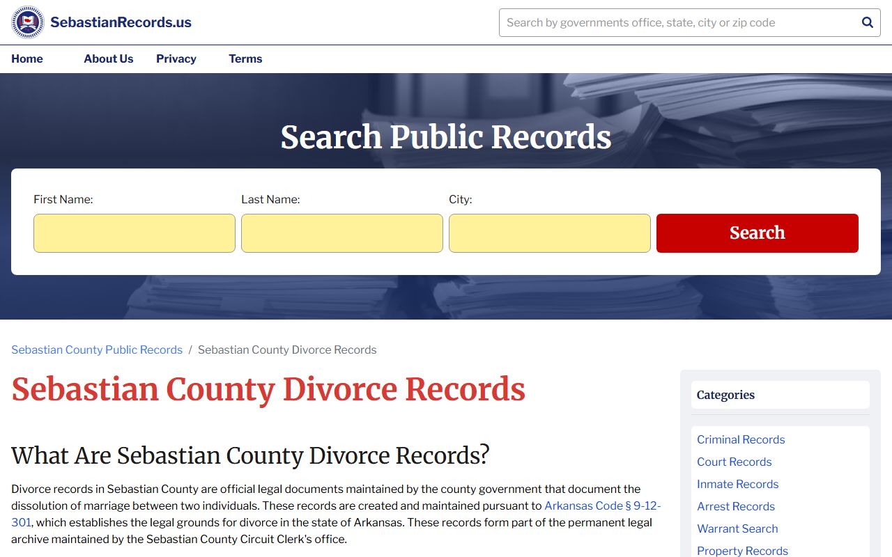 Sebastian County divorce records search page showing fees and access options for Fort Smith Arkansas