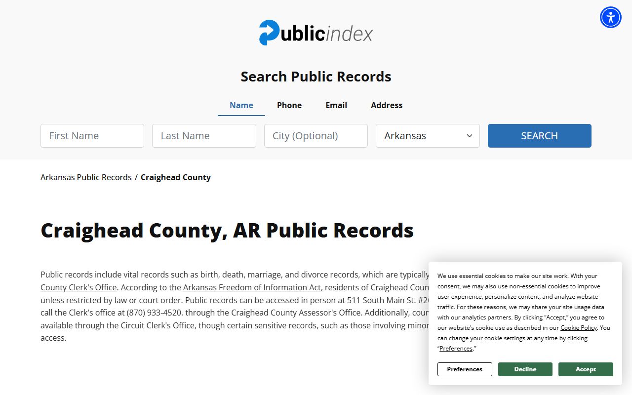 The Public Index Craighead County page showing searchable divorce case records for Jonesboro Arkansas