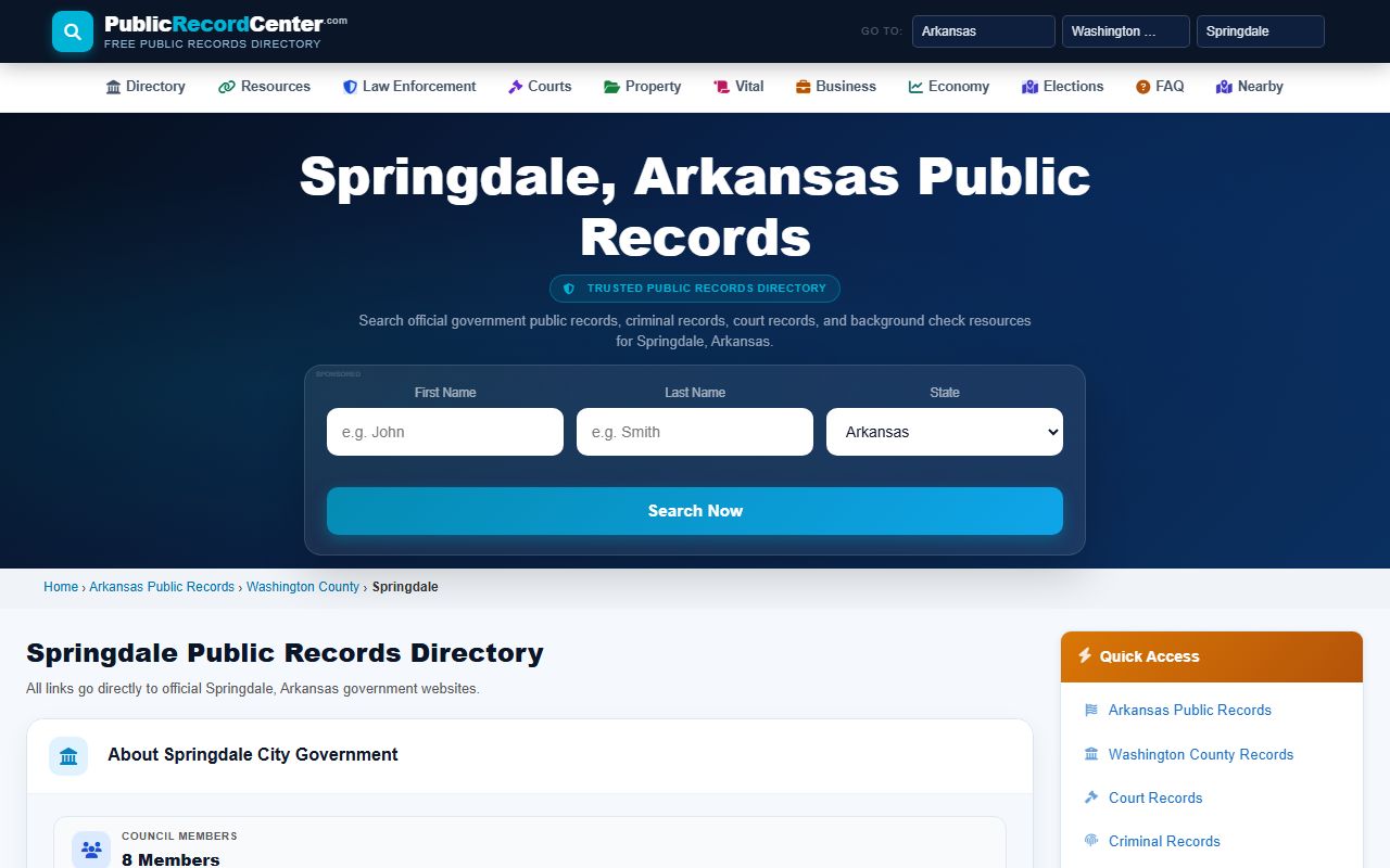 Official Springdale city website showing district court information confirming divorce records are held at Washington County