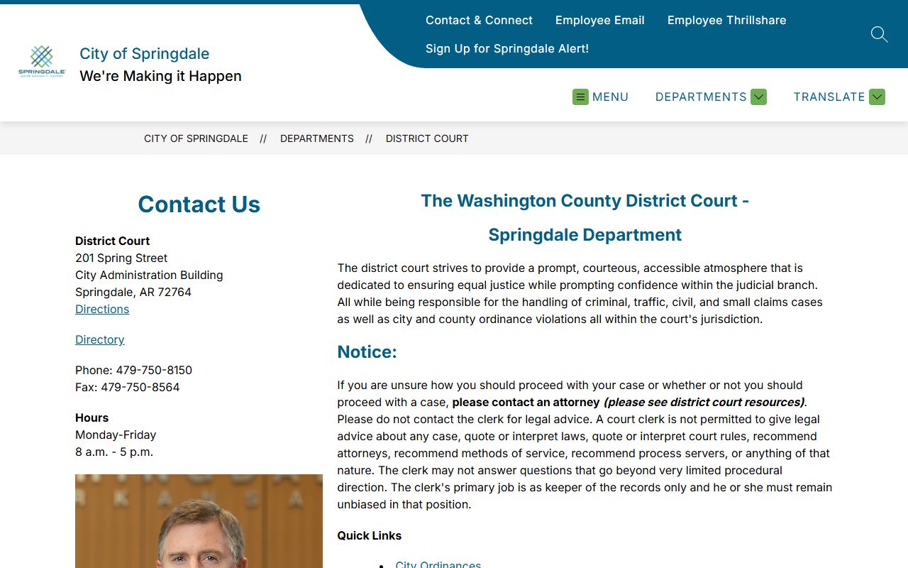 Springdale Arkansas district court page showing city court jurisdiction separate from Washington County divorce records