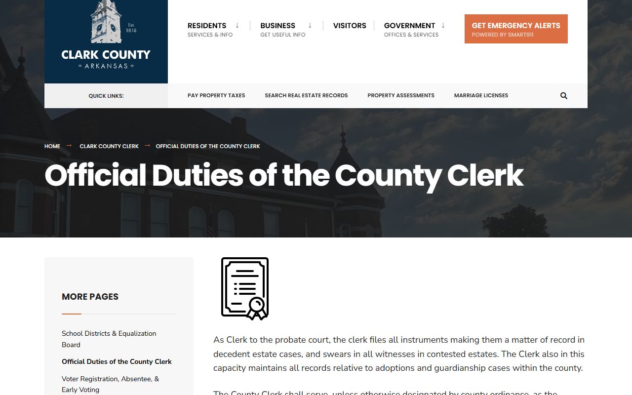 Clark County government clerk duties divorce records Arkansas