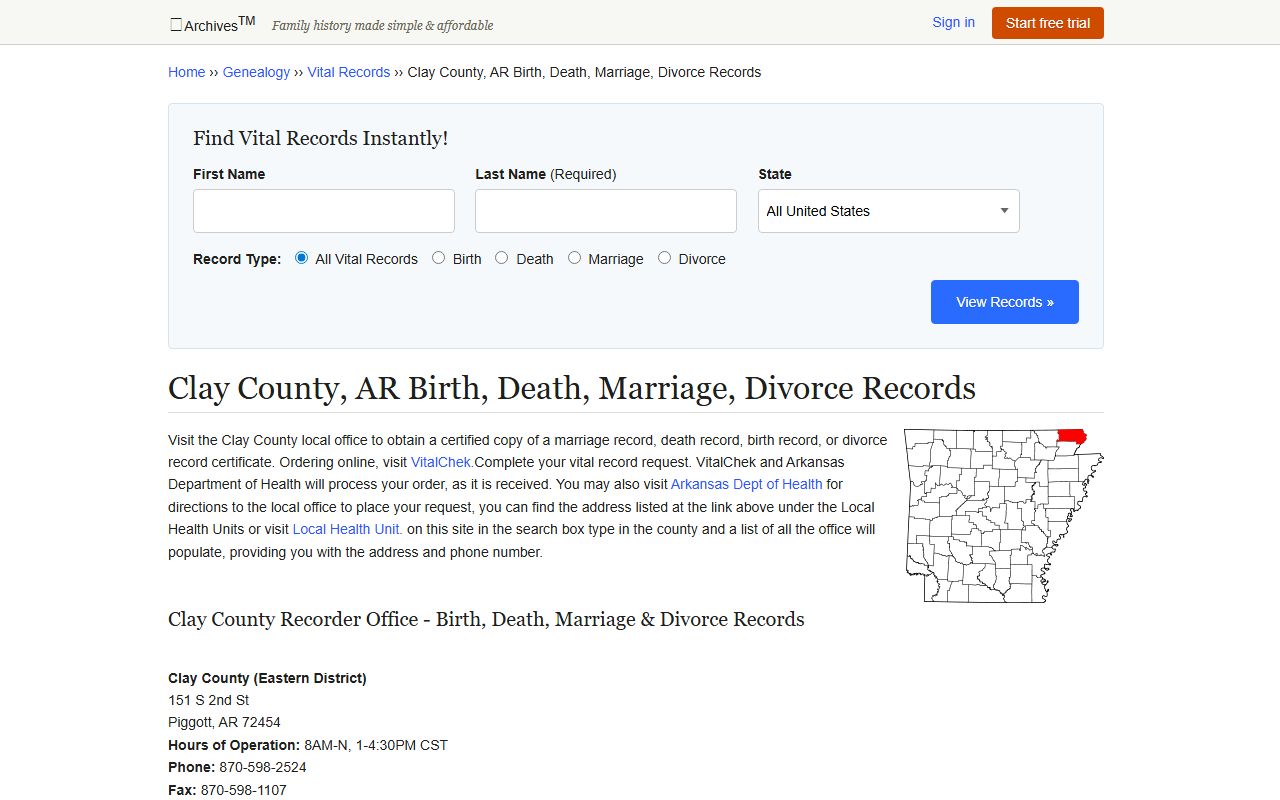Clay County Arkansas vital records directory divorce decree genealogy