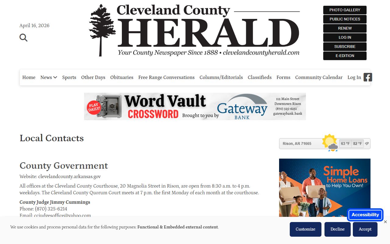 Cleveland County local contacts directory divorce decree records Rison Arkansas