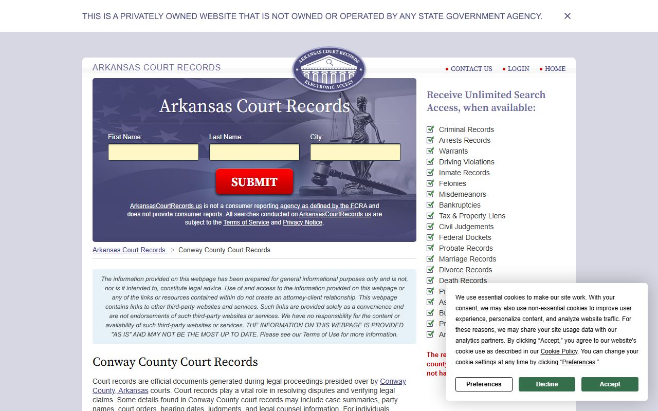 Conway County court records divorce decree online search Arkansas