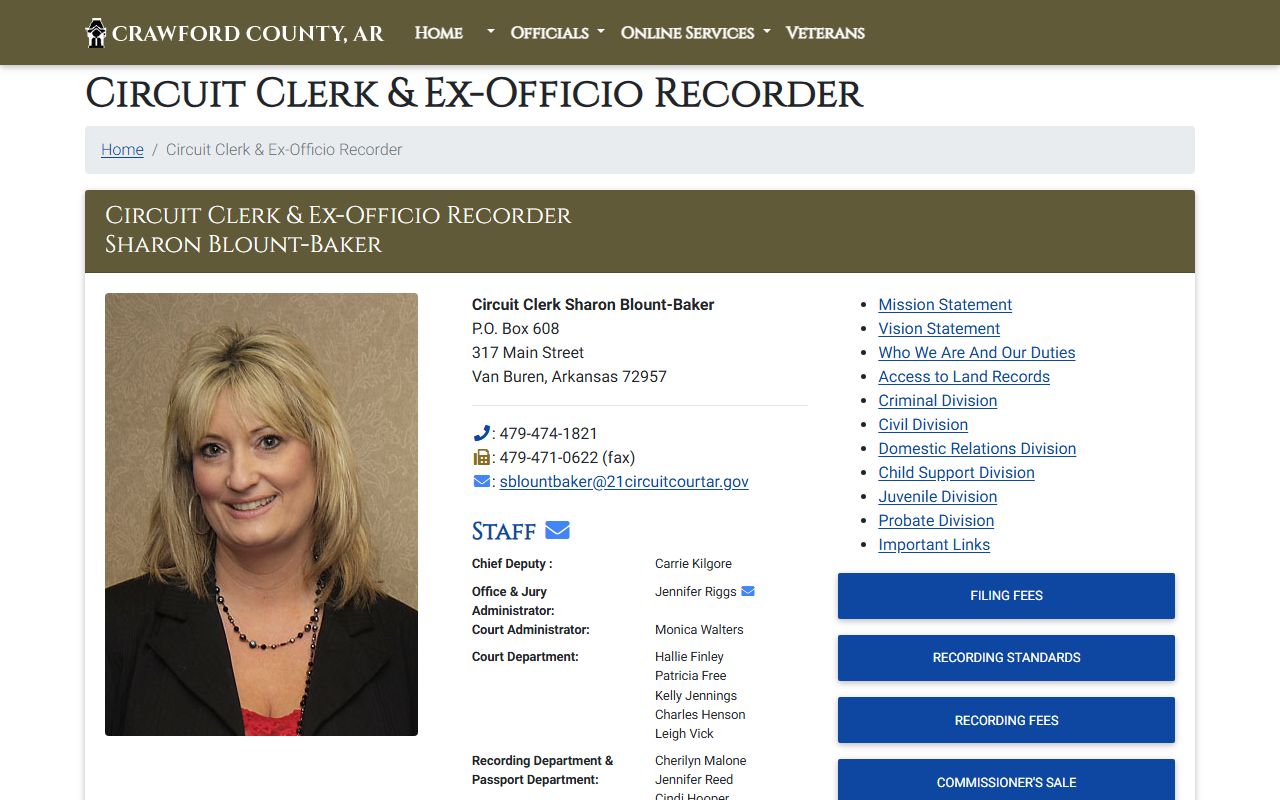 Crawford County Circuit Clerk Sharon Blount-Baker divorce decree records Van Buren Arkansas