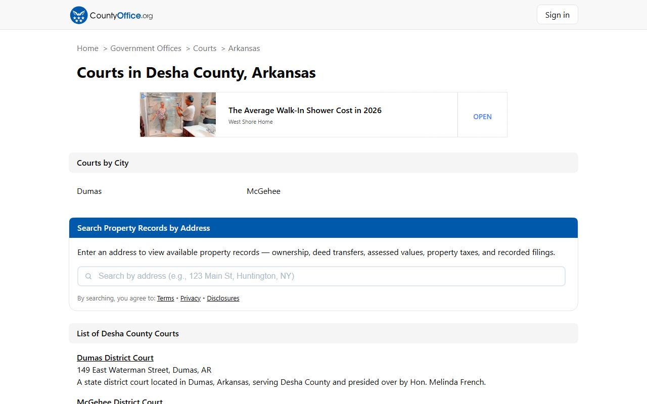 County Office directory page for Desha County courts and divorce decree record access