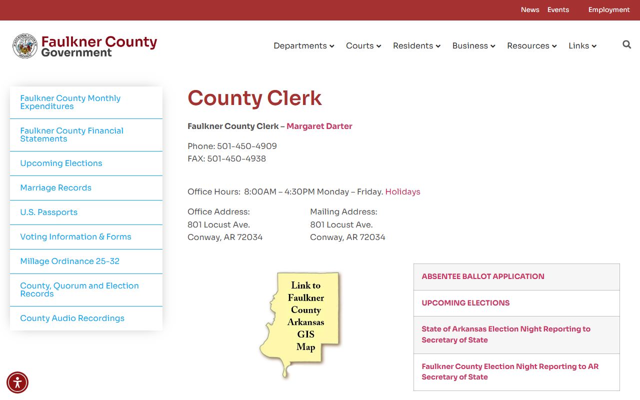 Official Faulkner County Government website showing County Clerk office for divorce decree records in Conway