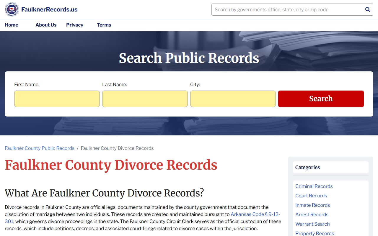Faulkner County divorce records portal showing decree access and request information
