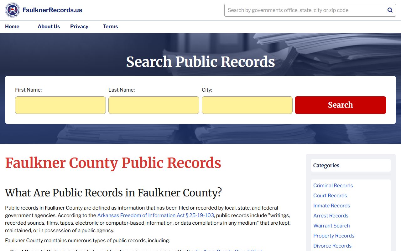 Faulkner Records Portal listing county offices and divorce decree access options in Conway Arkansas