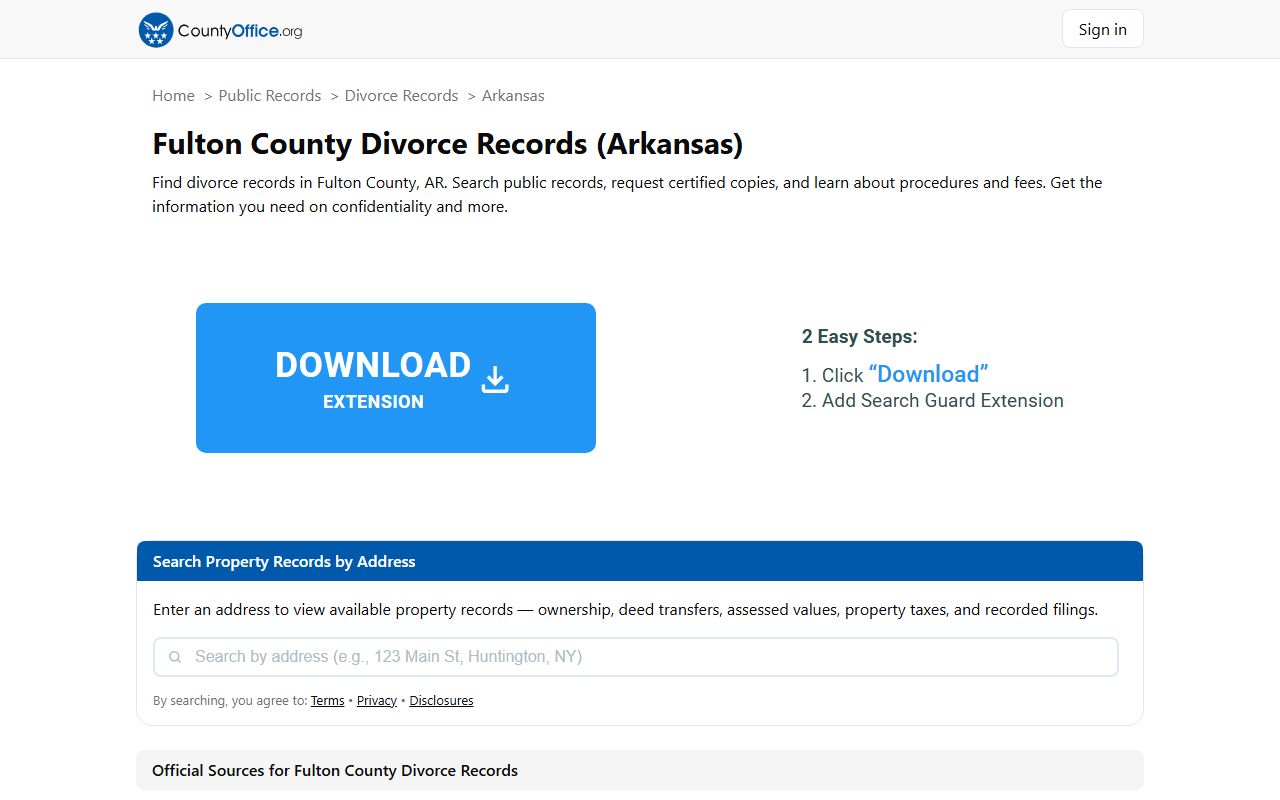 County Office directory page for Fulton County Arkansas divorce decree records access and request information
