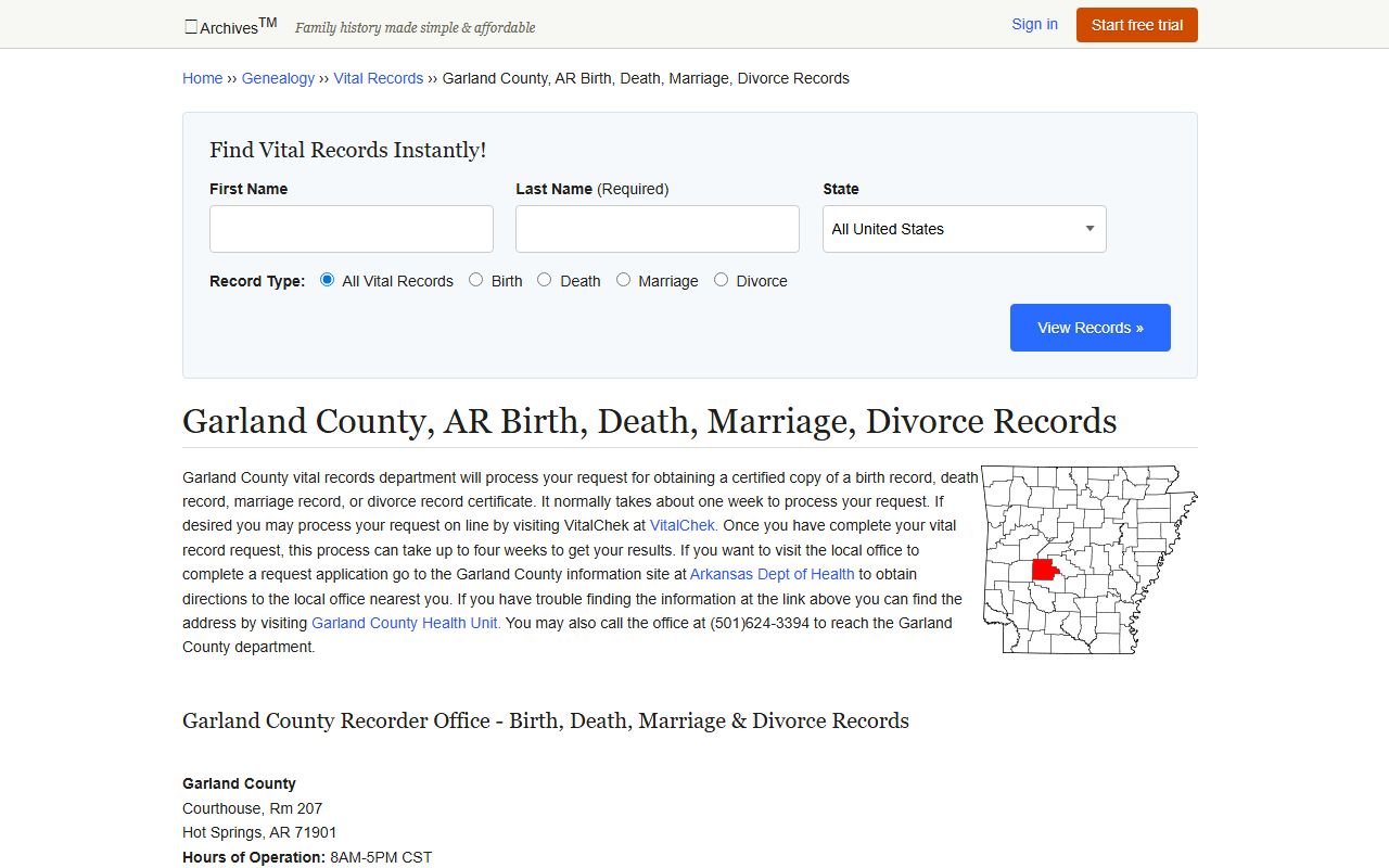 Archives.com Garland County vital records genealogy