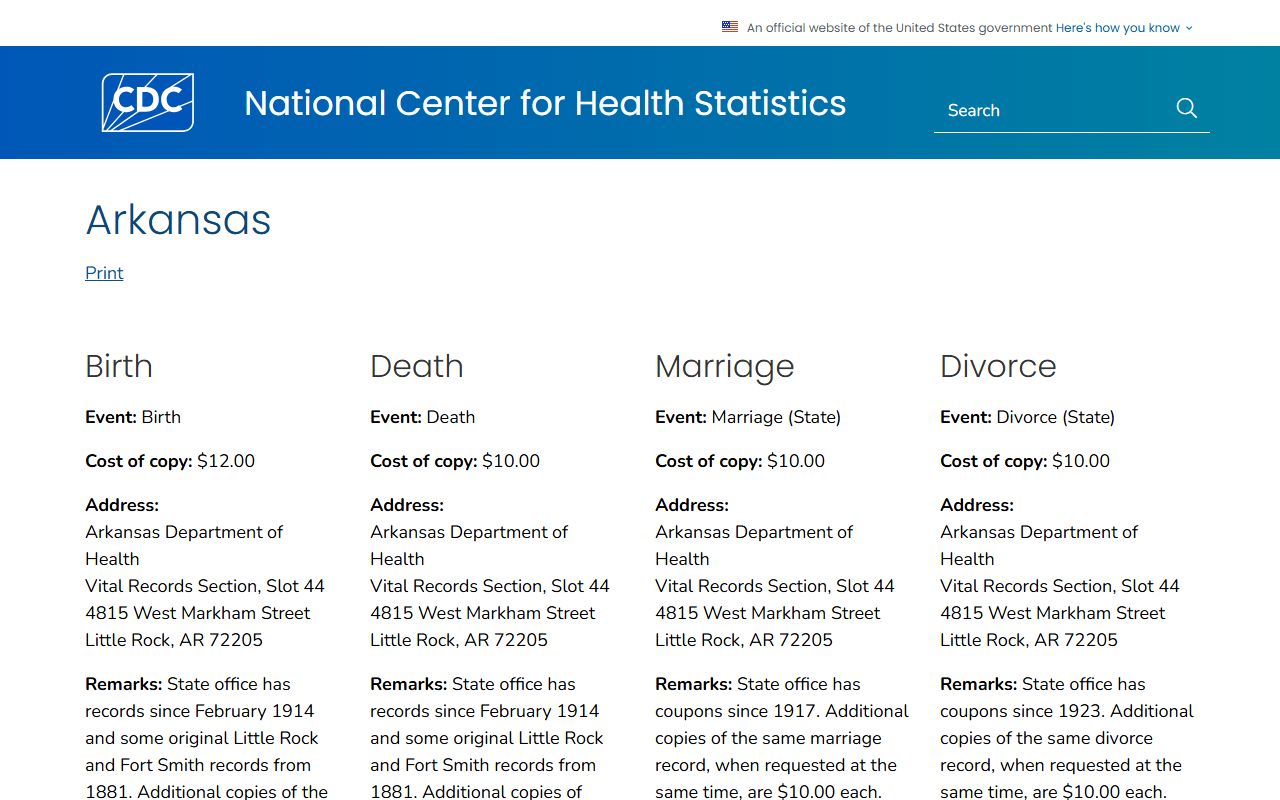 CDC Arkansas vital records guide - Calhoun County divorce decree reference